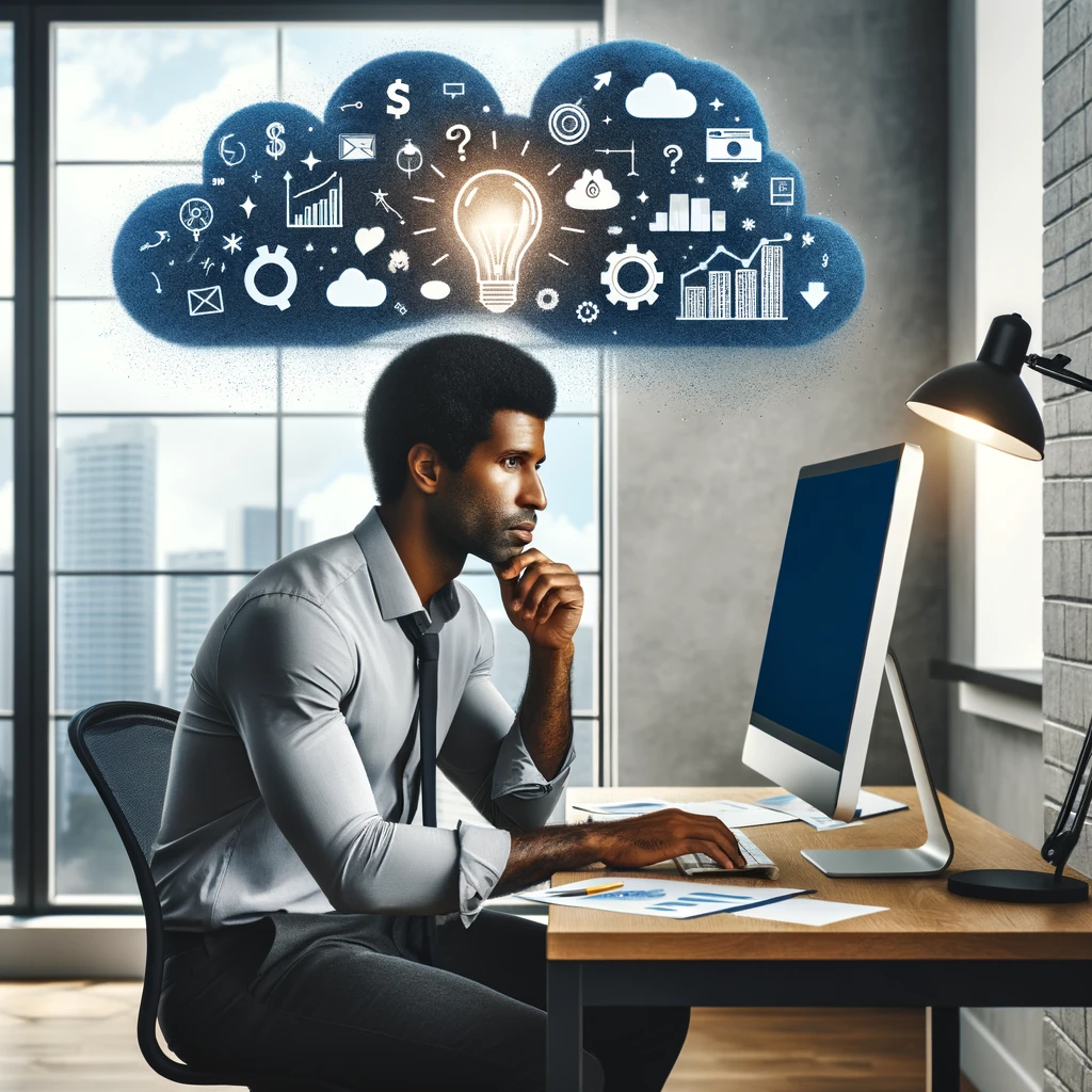 DALL·E-2024-02-27-18.56.32-A-dark-skinned-man-sitting-at-a-computer-working-with-his-business-ideas-flying-above-his-head-in-small-clouds.-The-scene-is-set-in-a-bright-modern- Blog